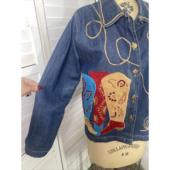 90s Y2K Tantrum Blue Denim Embroidered Western Rodeo Cowgirl Cotton Small - Picture 2 of 11